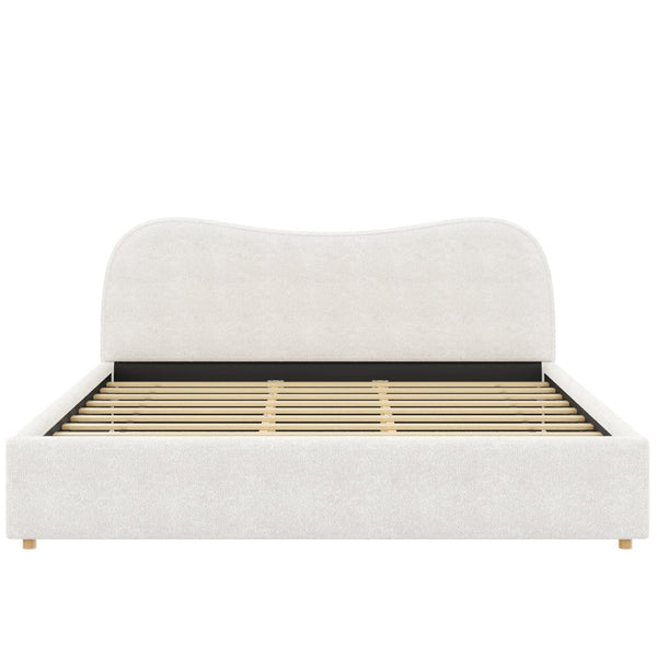 English Elm King Boucle Upholstered Platform Bed Curved Headboard Low Profile Scandinavian Frame White N7090002248K