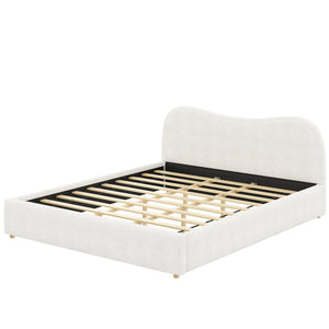 English Elm King Boucle Upholstered Platform Bed Curved Headboard Low Profile Scandinavian Frame White N7090002248K