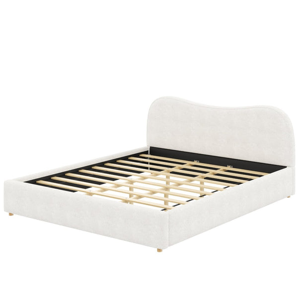 English Elm King Boucle Upholstered Platform Bed Curved Headboard Low Profile Scandinavian Frame White N7090002248K