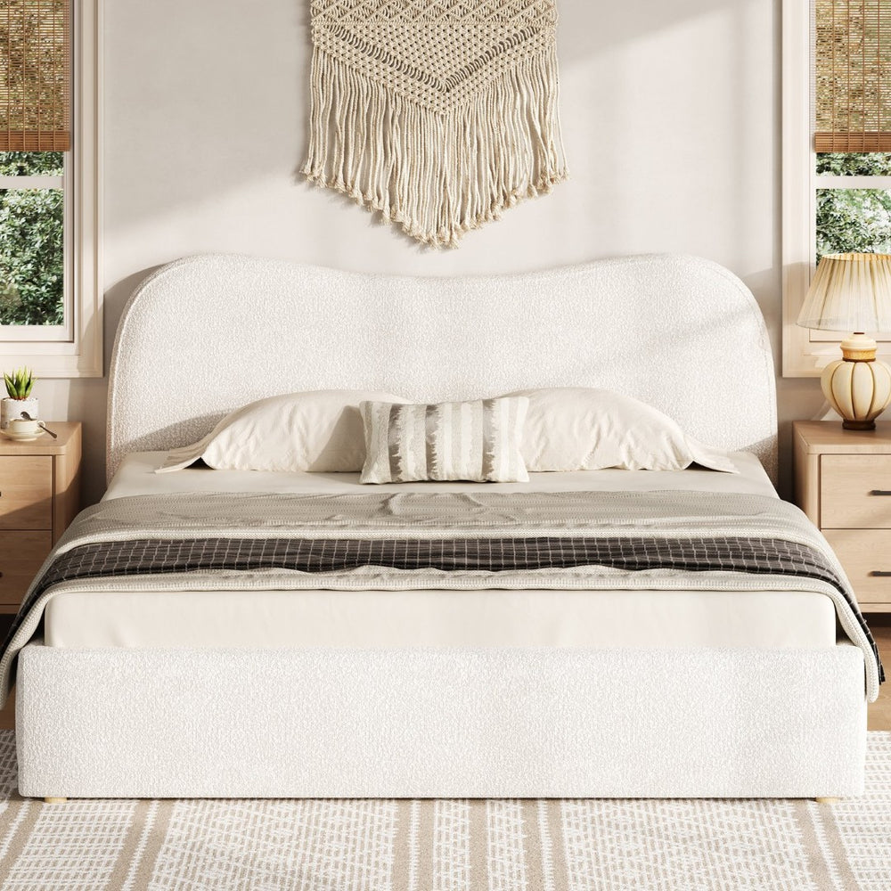 English Elm King Boucle Upholstered Platform Bed Curved Headboard Low Profile Scandinavian Frame White N7090002248K