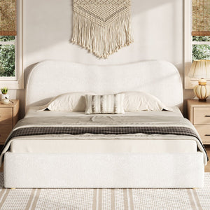 English Elm King Boucle Upholstered Platform Bed Curved Headboard Low Profile Scandinavian Frame White N7090002248K