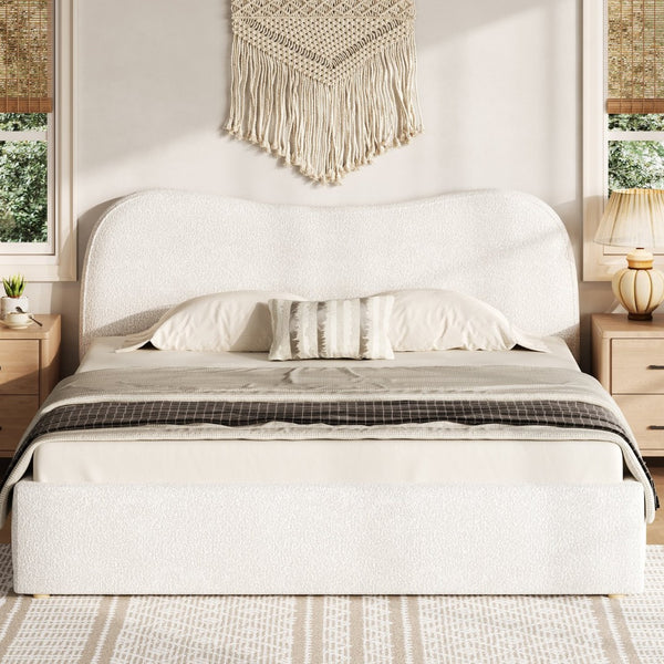 English Elm King Boucle Upholstered Platform Bed Curved Headboard Low Profile Scandinavian Frame White N7090002248K