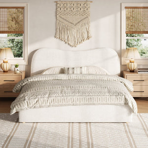 English Elm King Boucle Upholstered Platform Bed Curved Headboard Low Profile Scandinavian Frame White N7090002248K