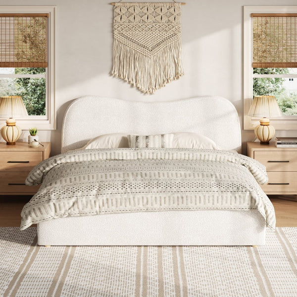 English Elm King Boucle Upholstered Platform Bed Curved Headboard Low Profile Scandinavian Frame White N7090002248K