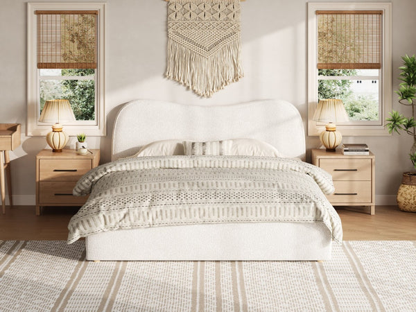 English Elm King Boucle Upholstered Platform Bed Curved Headboard Low Profile Scandinavian Frame White N7090002248K