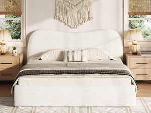 English Elm King Boucle Upholstered Platform Bed Curved Headboard Low Profile Scandinavian Frame White N7090002248K