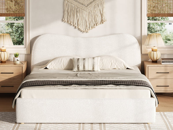 English Elm King Boucle Upholstered Platform Bed Curved Headboard Low Profile Scandinavian Frame White N7090002248K