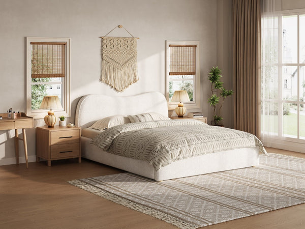 English Elm King Boucle Upholstered Platform Bed Curved Headboard Low Profile Scandinavian Frame White N7090002248K