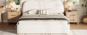English Elm King Boucle Upholstered Platform Bed Curved Headboard Low Profile Scandinavian Frame White N7090002248K
