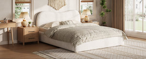 English Elm King Boucle Upholstered Platform Bed Curved Headboard Low Profile Scandinavian Frame White N7090002248K