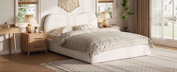 English Elm King Boucle Upholstered Platform Bed Curved Headboard Low Profile Scandinavian Frame White N7090002248K