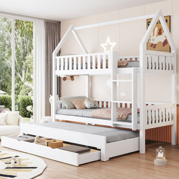 English Elm Twin House Bunk Bed with Trundle Three Drawers Pine Wood Kids Bedroom Storage N7090002249K