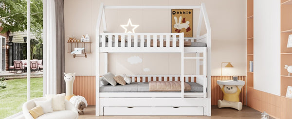 English Elm Twin House Bunk Bed with Trundle Three Drawers Pine Wood Kids Bedroom Storage N7090002249K