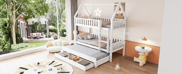 English Elm Twin House Bunk Bed with Trundle Three Drawers Pine Wood Kids Bedroom Storage N7090002249K