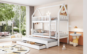 English Elm Twin House Bunk Bed with Trundle Three Drawers Pine Wood Kids Bedroom Storage N7090002249K