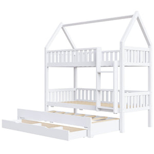 English Elm Twin House Bunk Bed with Trundle Three Drawers Pine Wood Kids Bedroom Storage N7090002249K