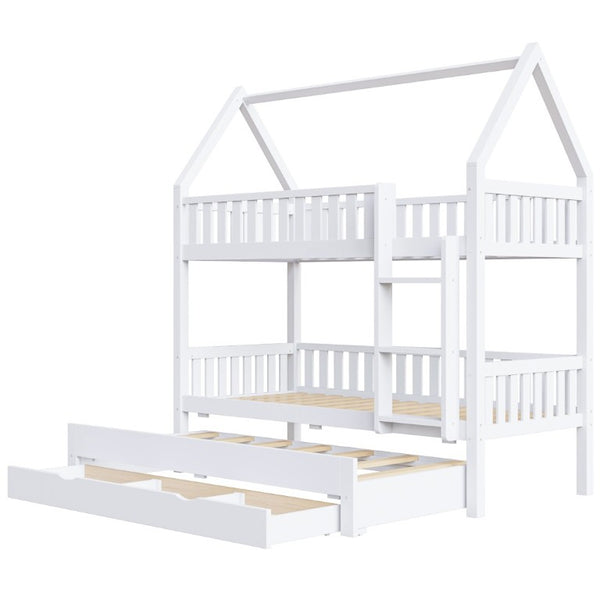 English Elm Twin House Bunk Bed with Trundle Three Drawers Pine Wood Kids Bedroom Storage N7090002249K