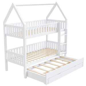 English Elm Twin House Bunk Bed with Trundle Three Drawers Pine Wood Kids Bedroom Storage N7090002249K
