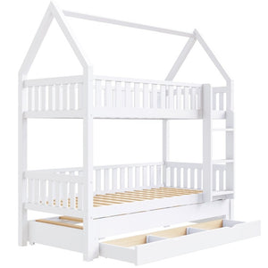 English Elm Twin House Bunk Bed with Trundle Three Drawers Pine Wood Kids Bedroom Storage N7090002249K