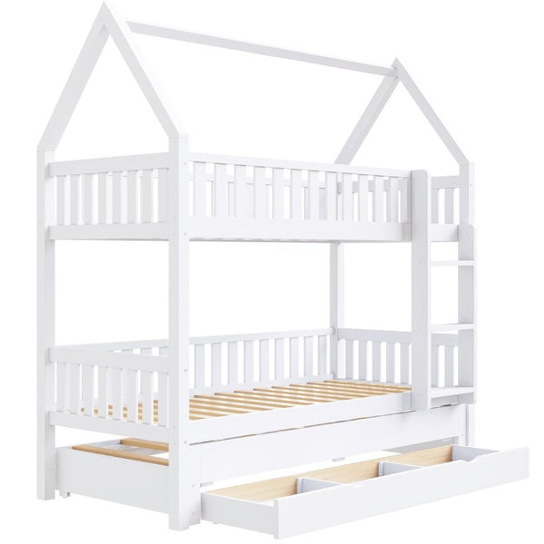 English Elm Twin House Bunk Bed with Trundle Three Drawers Pine Wood Kids Bedroom Storage N7090002249K