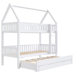 English Elm Twin House Bunk Bed with Trundle Three Drawers Pine Wood Kids Bedroom Storage N7090002249K
