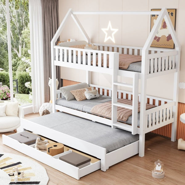 English Elm Twin House Bunk Bed with Trundle Three Drawers Pine Wood Kids Bedroom Storage N7090002249K