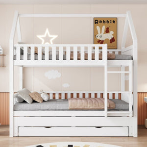 English Elm Twin House Bunk Bed with Trundle Three Drawers Pine Wood Kids Bedroom Storage N7090002249K
