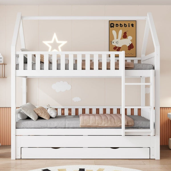 English Elm Twin House Bunk Bed with Trundle Three Drawers Pine Wood Kids Bedroom Storage N7090002249K
