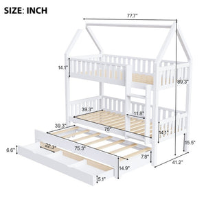 English Elm Twin House Bunk Bed with Trundle Three Drawers Pine Wood Kids Bedroom Storage N7090002249K
