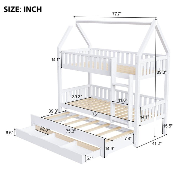 English Elm Twin House Bunk Bed with Trundle Three Drawers Pine Wood Kids Bedroom Storage N7090002249K