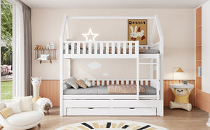 English Elm Twin House Bunk Bed with Trundle Three Drawers Pine Wood Kids Bedroom Storage N7090002249K