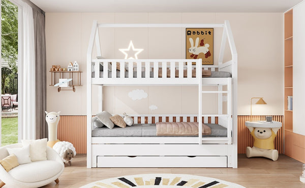 English Elm Twin House Bunk Bed with Trundle Three Drawers Pine Wood Kids Bedroom Storage N7090002249K
