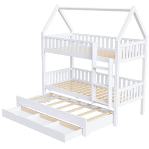English Elm Twin House Bunk Bed with Trundle Three Drawers Pine Wood Kids Bedroom Storage N7090002249K