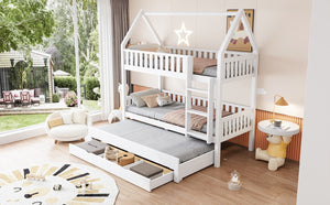 English Elm Twin House Bunk Bed with Trundle Three Drawers Pine Wood Kids Bedroom Storage N7090002249K