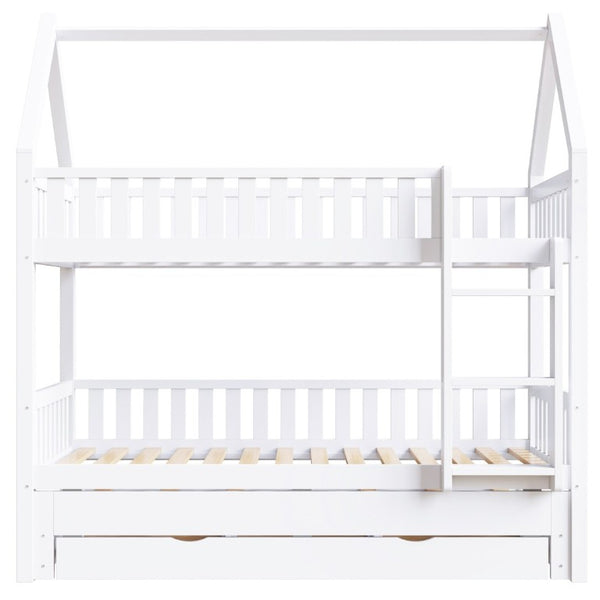 English Elm Twin House Bunk Bed with Trundle Three Drawers Pine Wood Kids Bedroom Storage N7090002249K