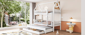 English Elm Twin House Bunk Bed with Trundle Three Drawers Pine Wood Kids Bedroom Storage N7090002249K