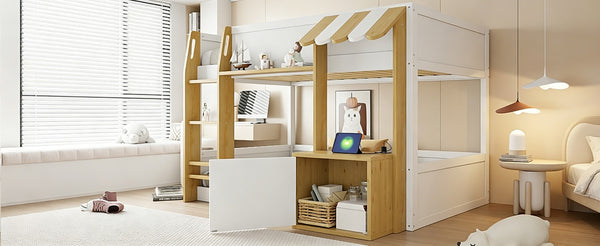 English Elm Twin Over Bunk Bed with Desk Storage Usb Ports Solid Wood Kids Bedroom Frame N7090002251K