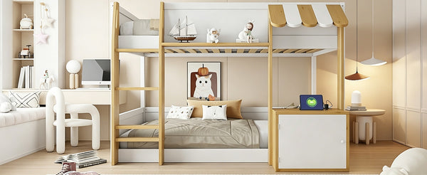 English Elm Twin Over Bunk Bed with Desk Storage Usb Ports Solid Wood Kids Bedroom Frame N7090002251K