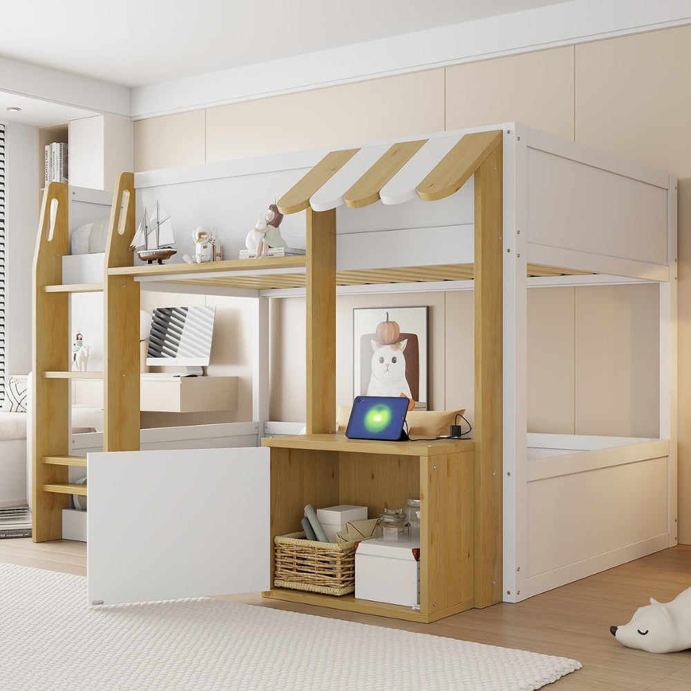 English Elm Twin Over Bunk Bed with Desk Storage Usb Ports Solid Wood Kids Bedroom Frame N7090002251K