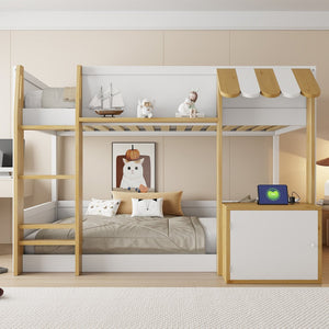 English Elm Twin Over Bunk Bed with Desk Storage Usb Ports Solid Wood Kids Bedroom Frame N7090002251K