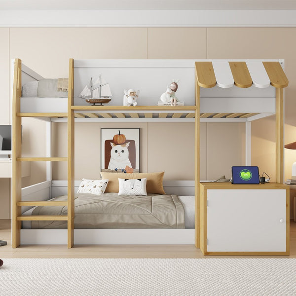 English Elm Twin Over Bunk Bed with Desk Storage Usb Ports Solid Wood Kids Bedroom Frame N7090002251K