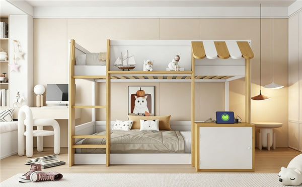 English Elm Twin Over Bunk Bed with Desk Storage Usb Ports Solid Wood Kids Bedroom Frame N7090002251K