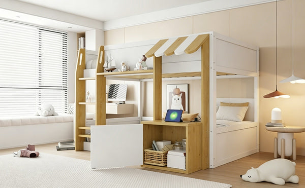 English Elm Twin Over Bunk Bed with Desk Storage Usb Ports Solid Wood Kids Bedroom Frame N7090002251K