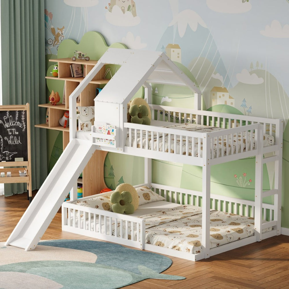 English Elm Wood Pine House Bunk Bed Full Xl Over Queen with Slide Integrated Ladder Kids White N7090002254K