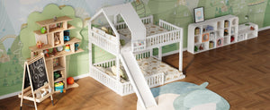 English Elm Wood Pine House Bunk Bed Full Xl Over Queen with Slide Integrated Ladder Kids White N7090002254K