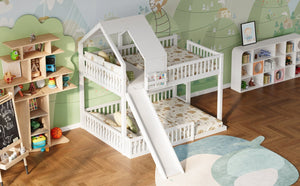 English Elm Wood Pine House Bunk Bed Full Xl Over Queen with Slide Integrated Ladder Kids White N7090002254K