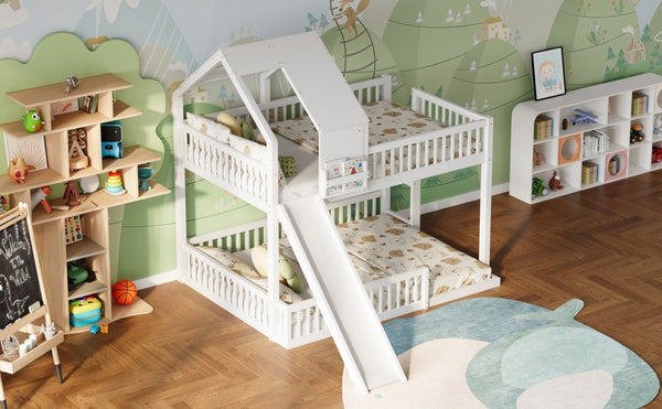 English Elm Wood Pine House Bunk Bed Full Xl Over Queen with Slide Integrated Ladder Kids White N7090002254K