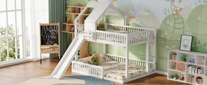 English Elm Wood Pine House Bunk Bed Full Xl Over Queen with Slide Integrated Ladder Kids White N7090002254K