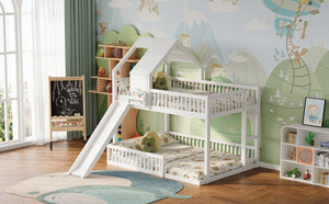 English Elm Wood Pine House Bunk Bed Full Xl Over Queen with Slide Integrated Ladder Kids White N7090002254K