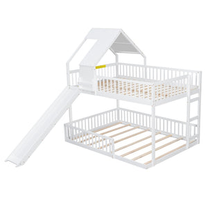 English Elm Wood Pine House Bunk Bed Full Xl Over Queen with Slide Integrated Ladder Kids White N7090002254K